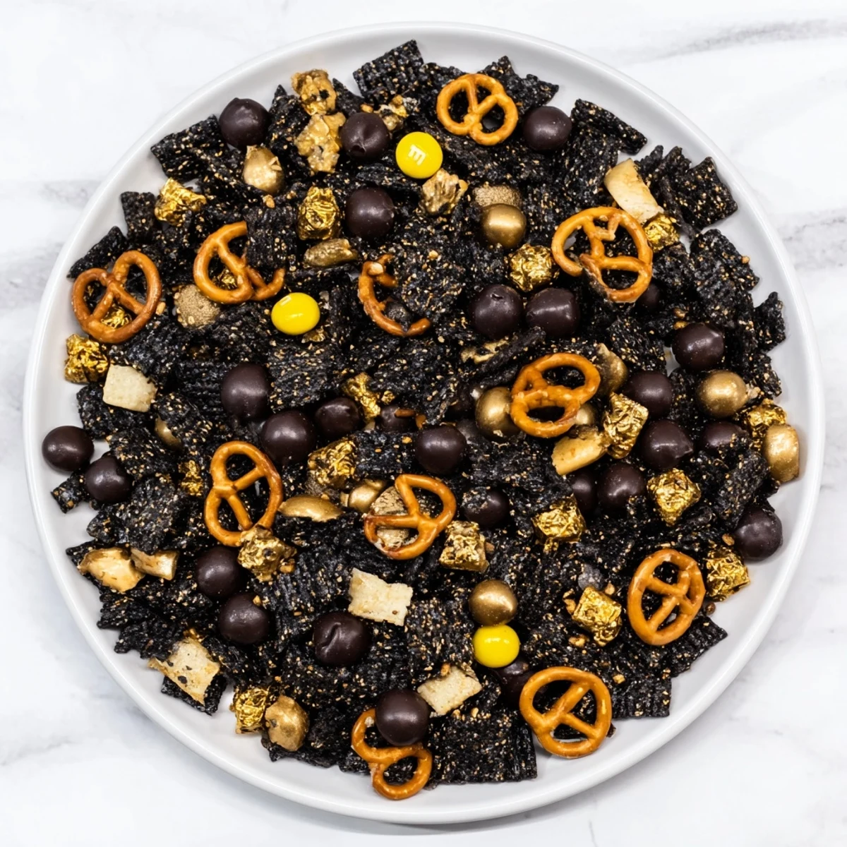Close-up of a festive Gold and Black Midnight Snack Mix; perfect for a New Year's Eve party!