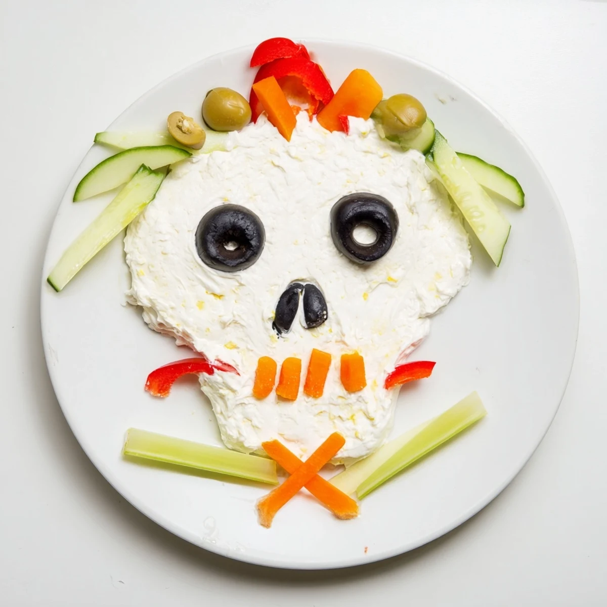 A delicious Skull & Bones Spooky Spread, artfully decorated with olives, peppers, and carrots for fun Halloween eating.