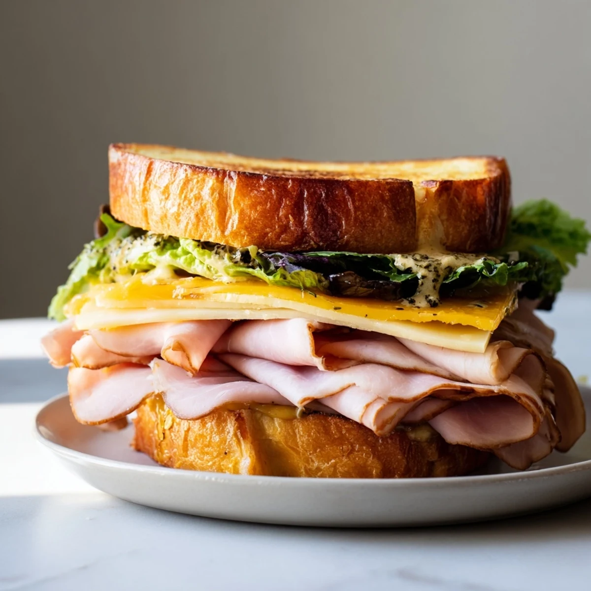 Golden-brown Festin du Château Royal Sandwiches, layered with meats and cheeses, ready to be enjoyed.