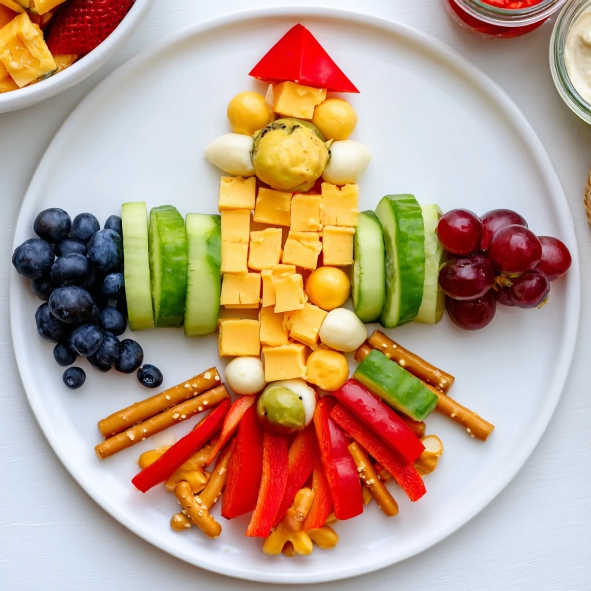 Spaceship Launch Snack Board, a colorful and fun appetizer, artfully arranges cheese and fruit.