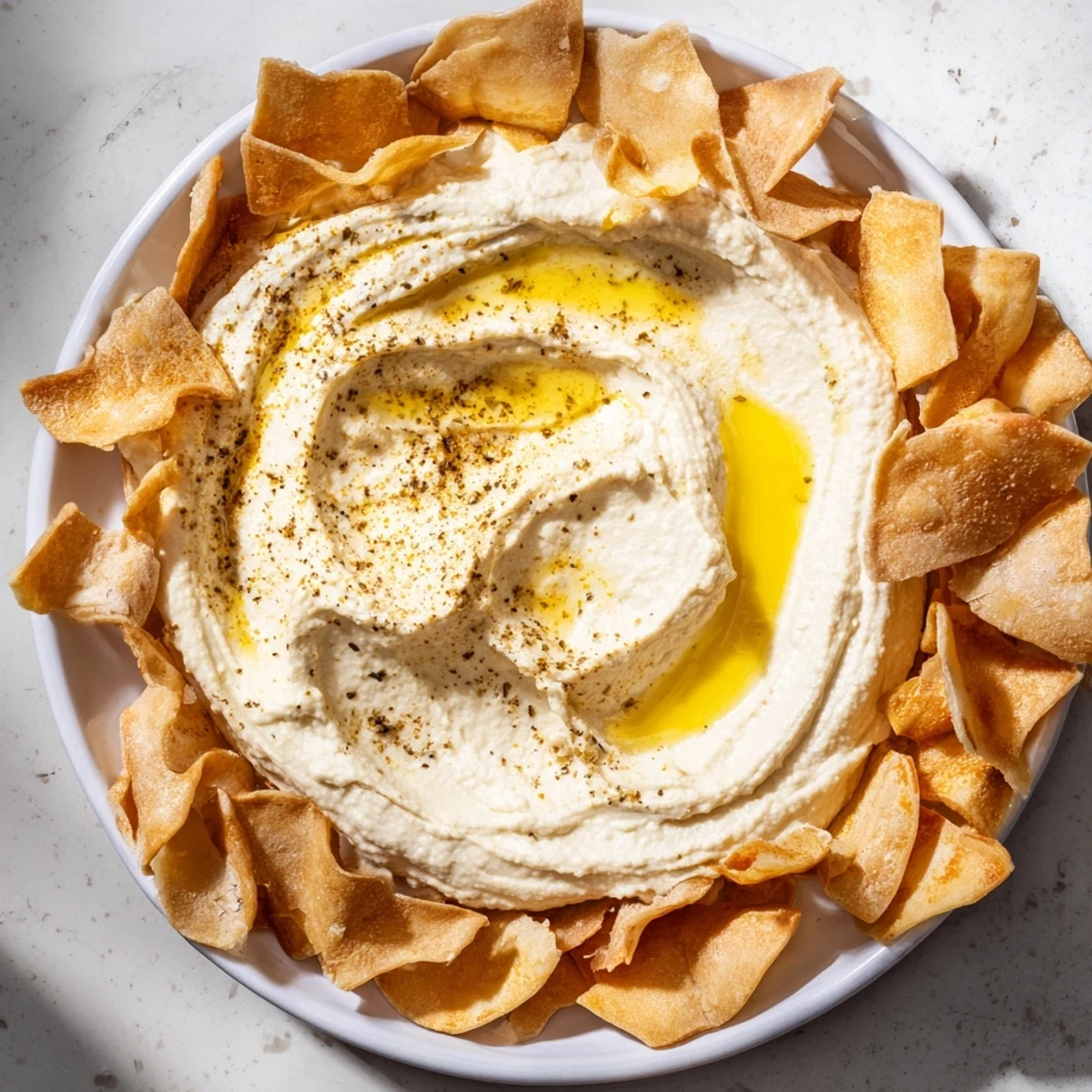 Creamy Sahara Dune hummus appetizer served with crispy pita chips, evoking a desert landscape visually.