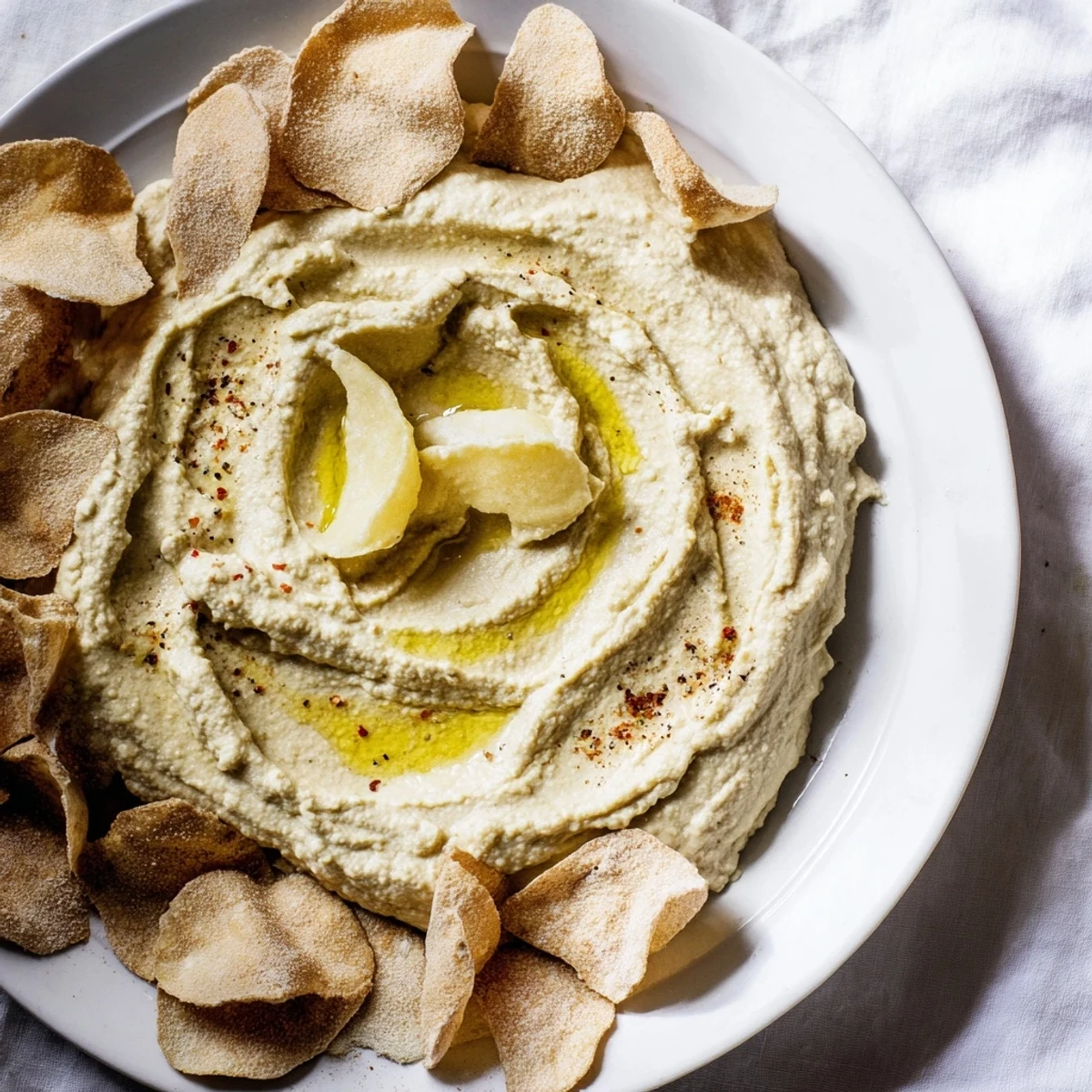 Golden pita chips shaped like dunes alongside smooth mounds of Sahara Dune hummus, ready to be enjoyed.