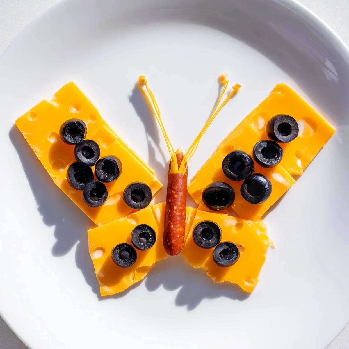 A playful Butterfly Migration appetizer, vibrant orange cheddar wings with salami body, ready for serving.