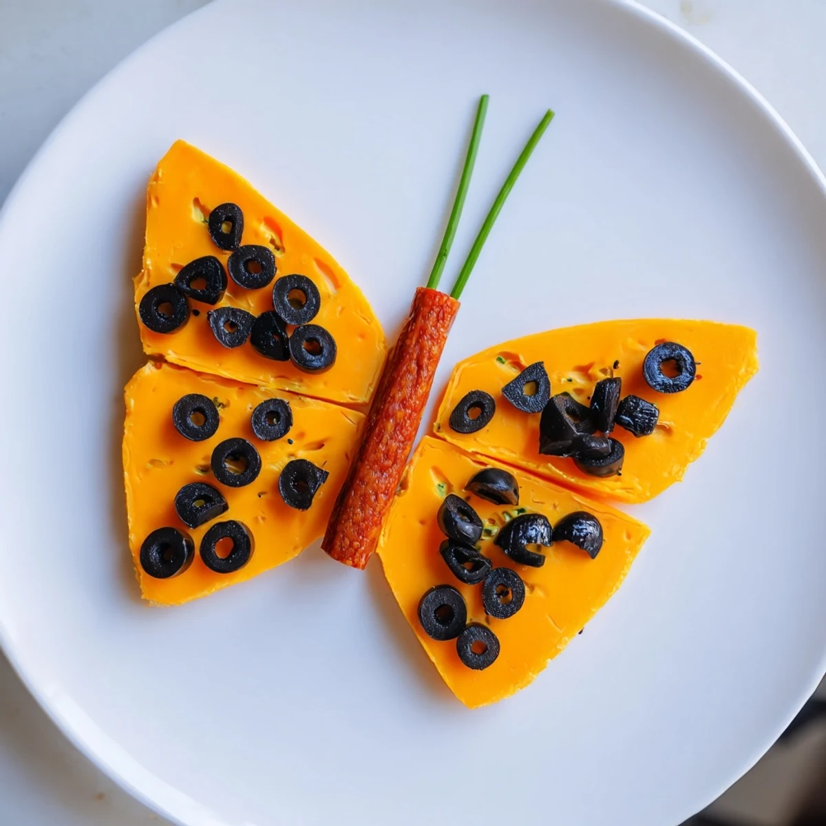Delectable Butterfly Migration appetizer: Arranged cheddar cheese butterflies, olives, and salami, perfect party food.