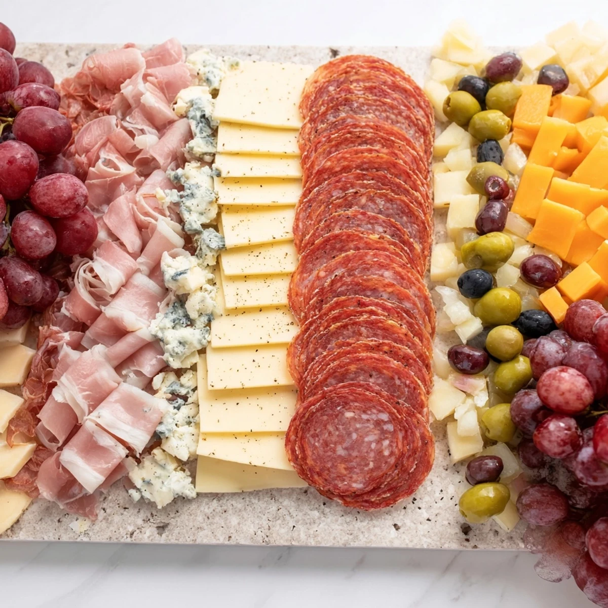 A visually striking industrial slate appetizer platter with artfully arranged meats and cheeses.