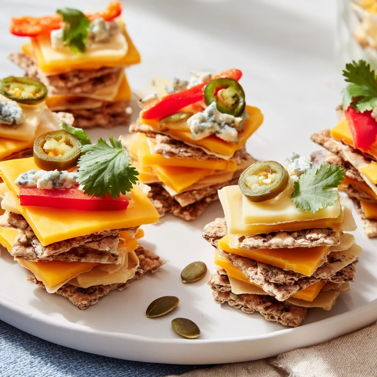 Savory Southwest Mesa appetizer with layered cheeses and vibrant veggie garnishes, ready to enjoy.