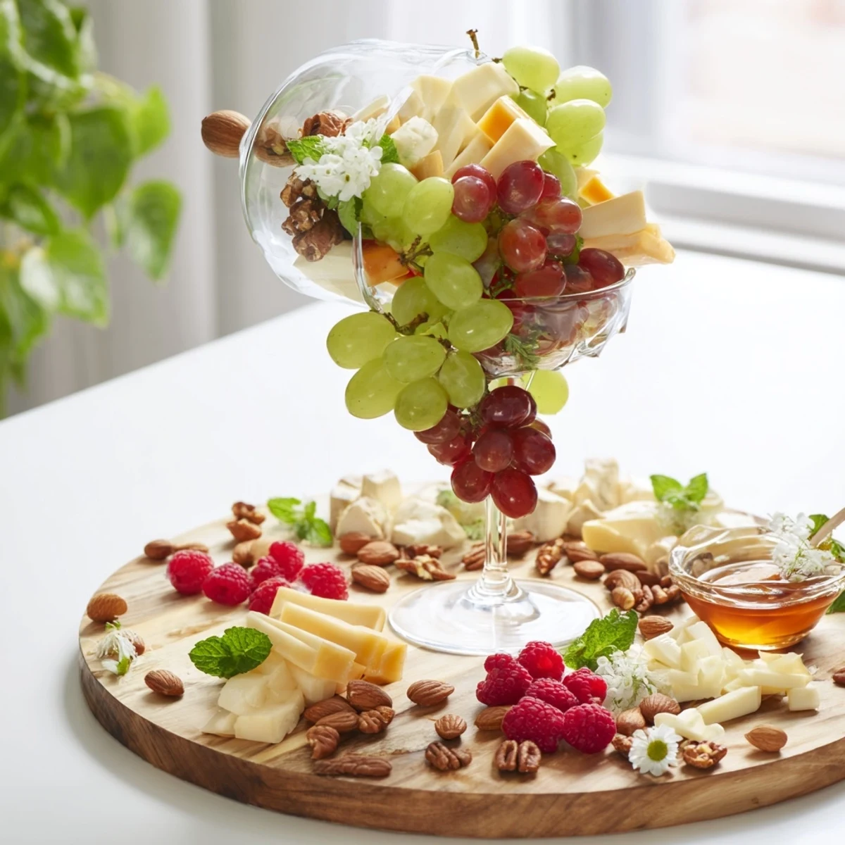 Champagne Waterfall Board overflowing with grapes, cheeses, and charcuterie for a festive gathering.