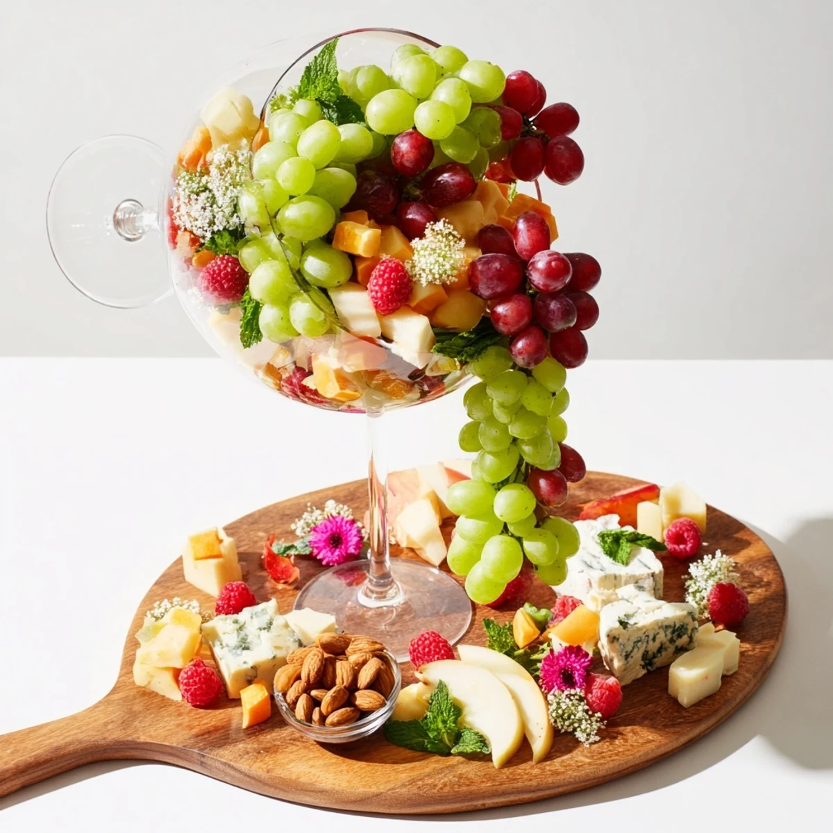 A delicious Champagne Waterfall Board with fresh fruits and nuts spilling onto the serving platter.
