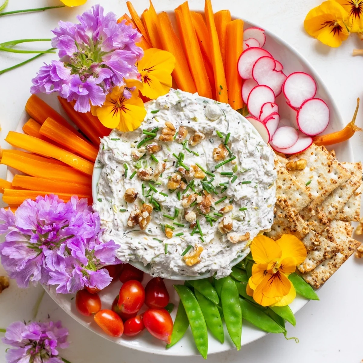 A colorful fairy garden platter with vibrant edible flowers and fresh vegetables.