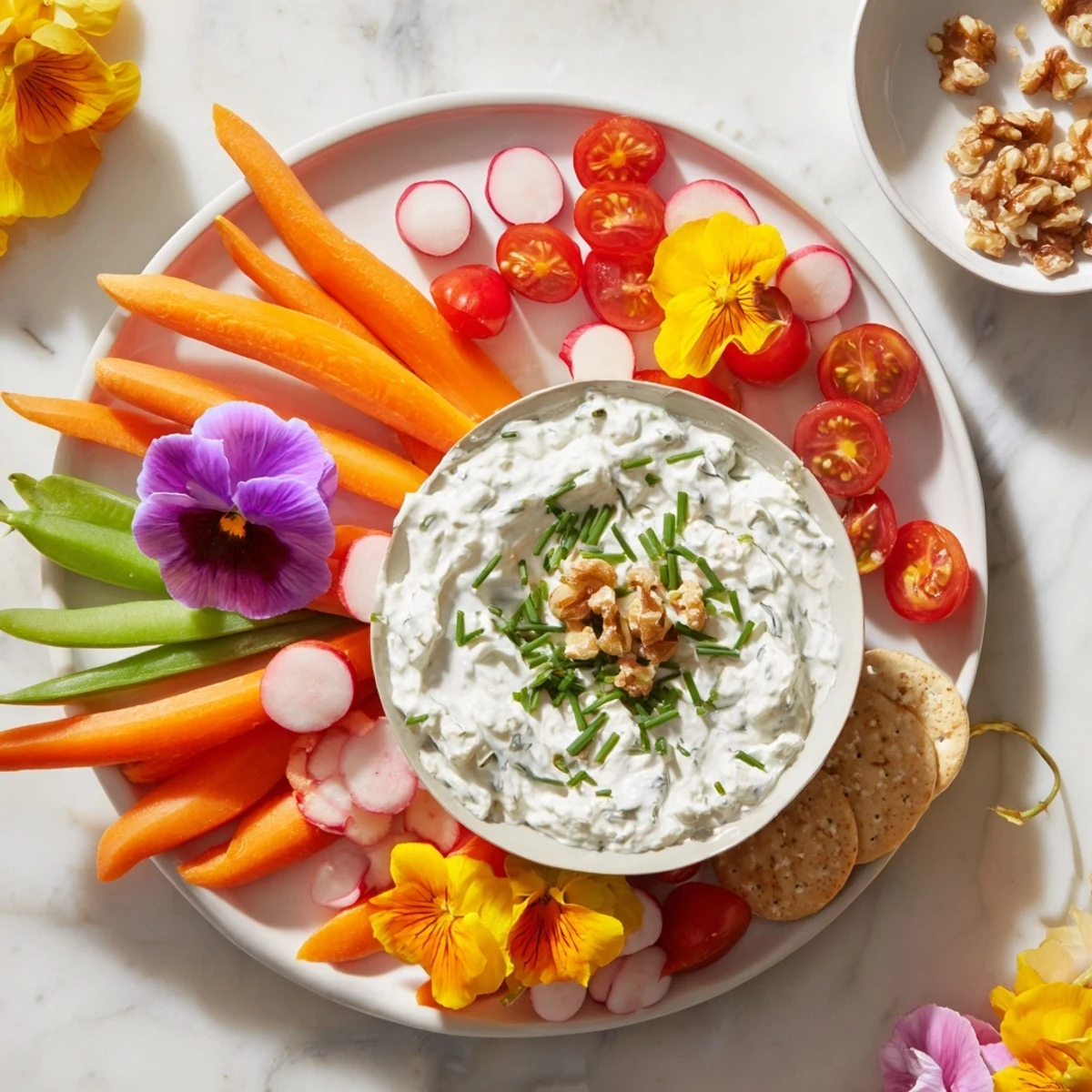 This fairy garden platter, overflowing with blooms, offers a delightful assortment of fresh appetizers.