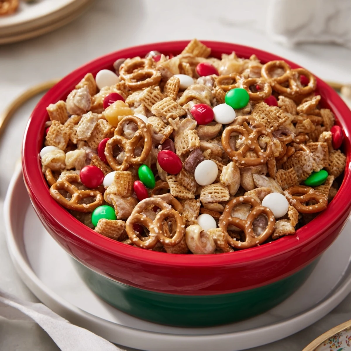 Close-up of freshly baked Holiday Mix with pretzels and chocolate candies in a bowl.