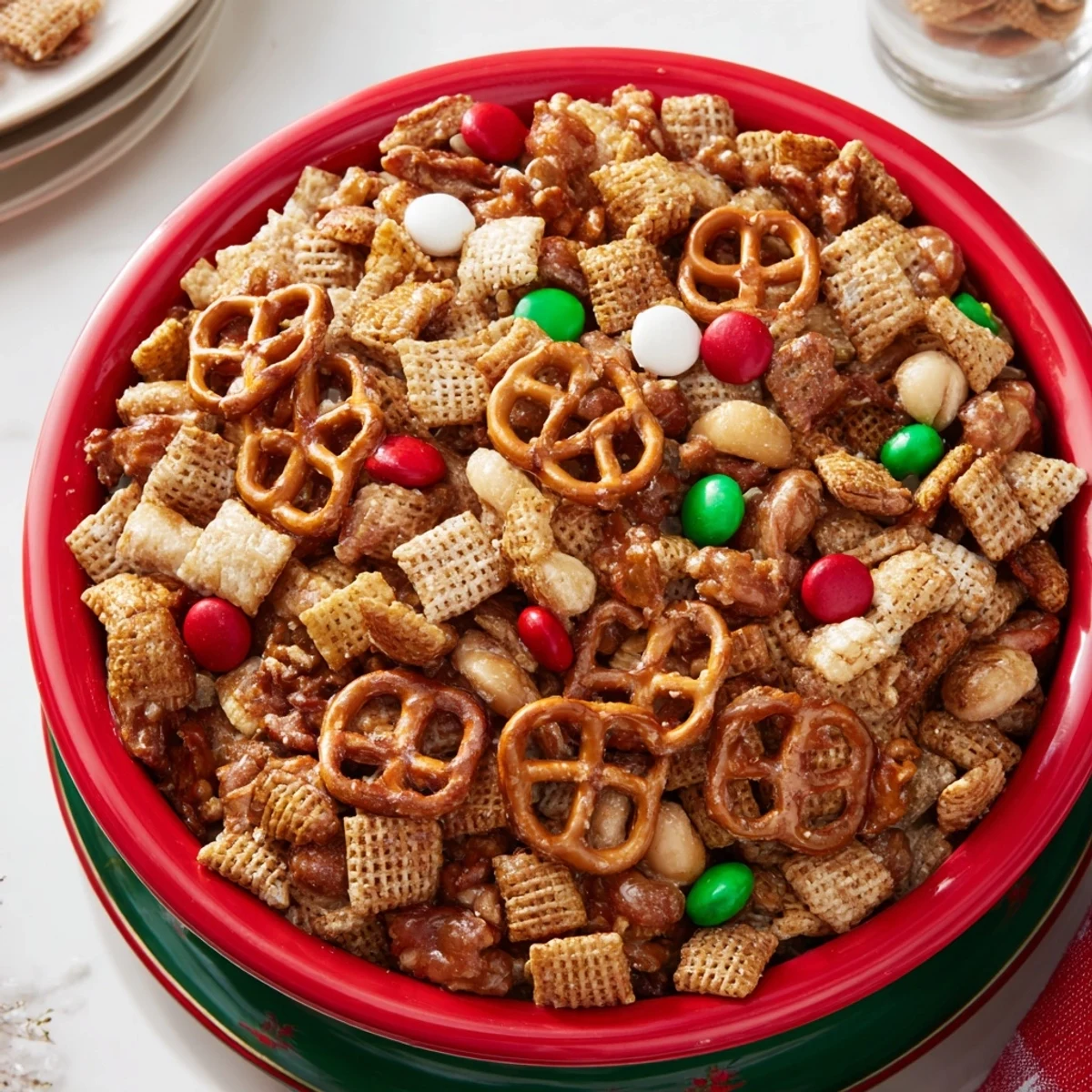 Golden, crunchy Holiday Mix, a vibrant snack bowl with festive red and green candies.