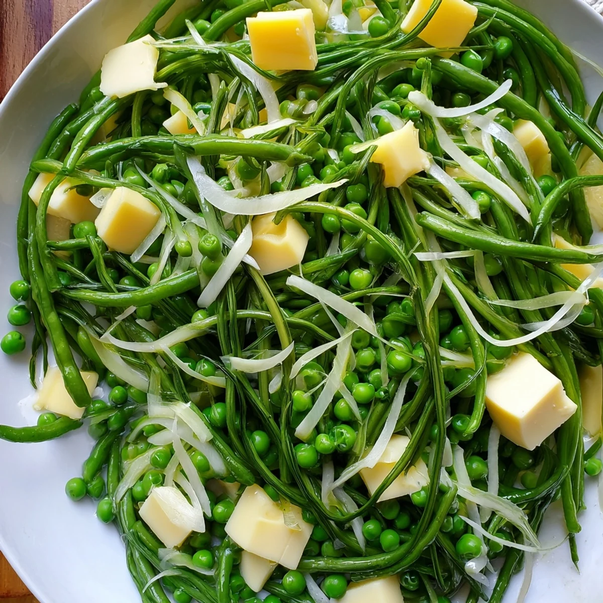 Bright, colorful English Ivy salad with blanched green beans, lemon dressing, and sharp cheddar.
