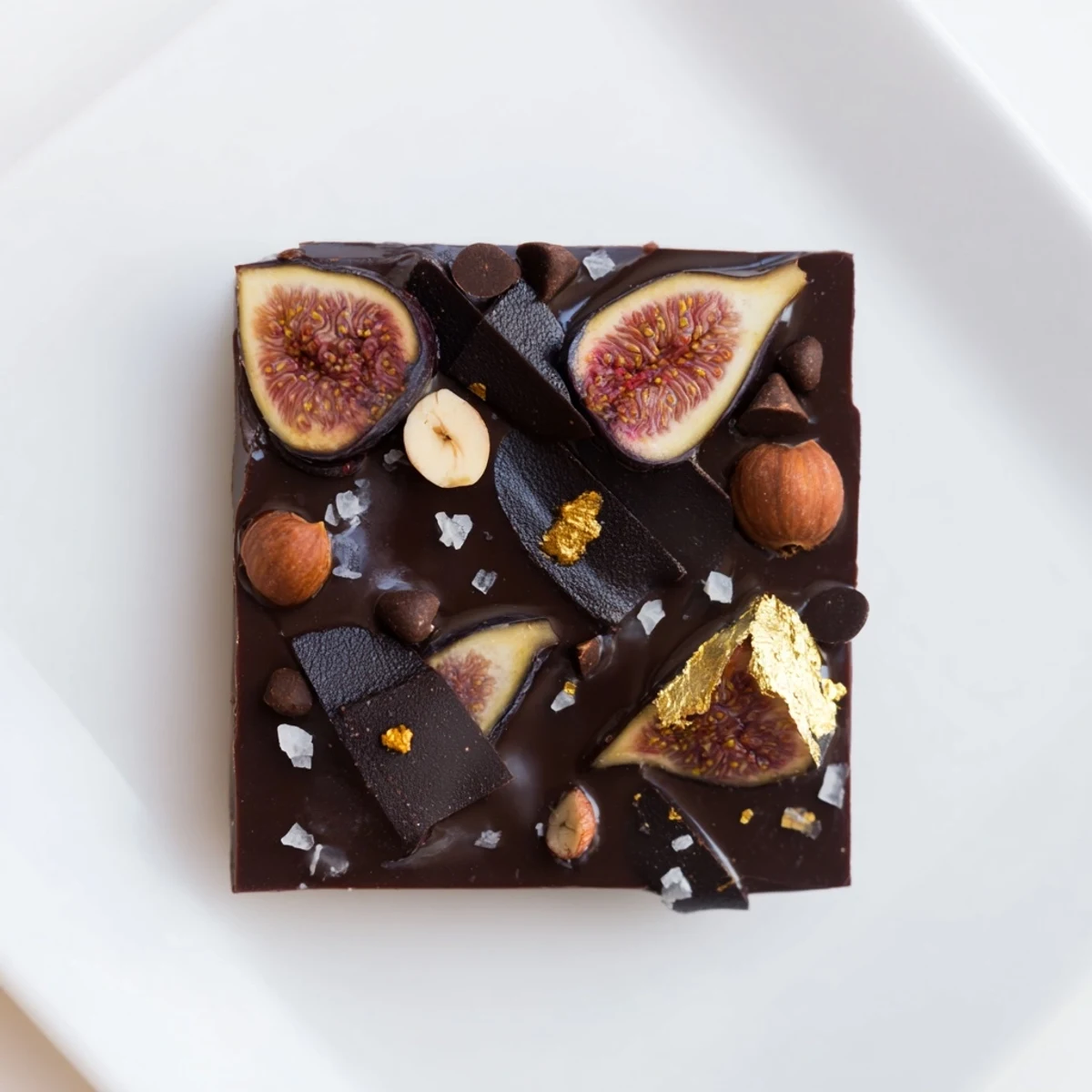 "A close-up of the beautiful Midnight Mosaic dessert, with chocolate, figs, and olives in perfect display."