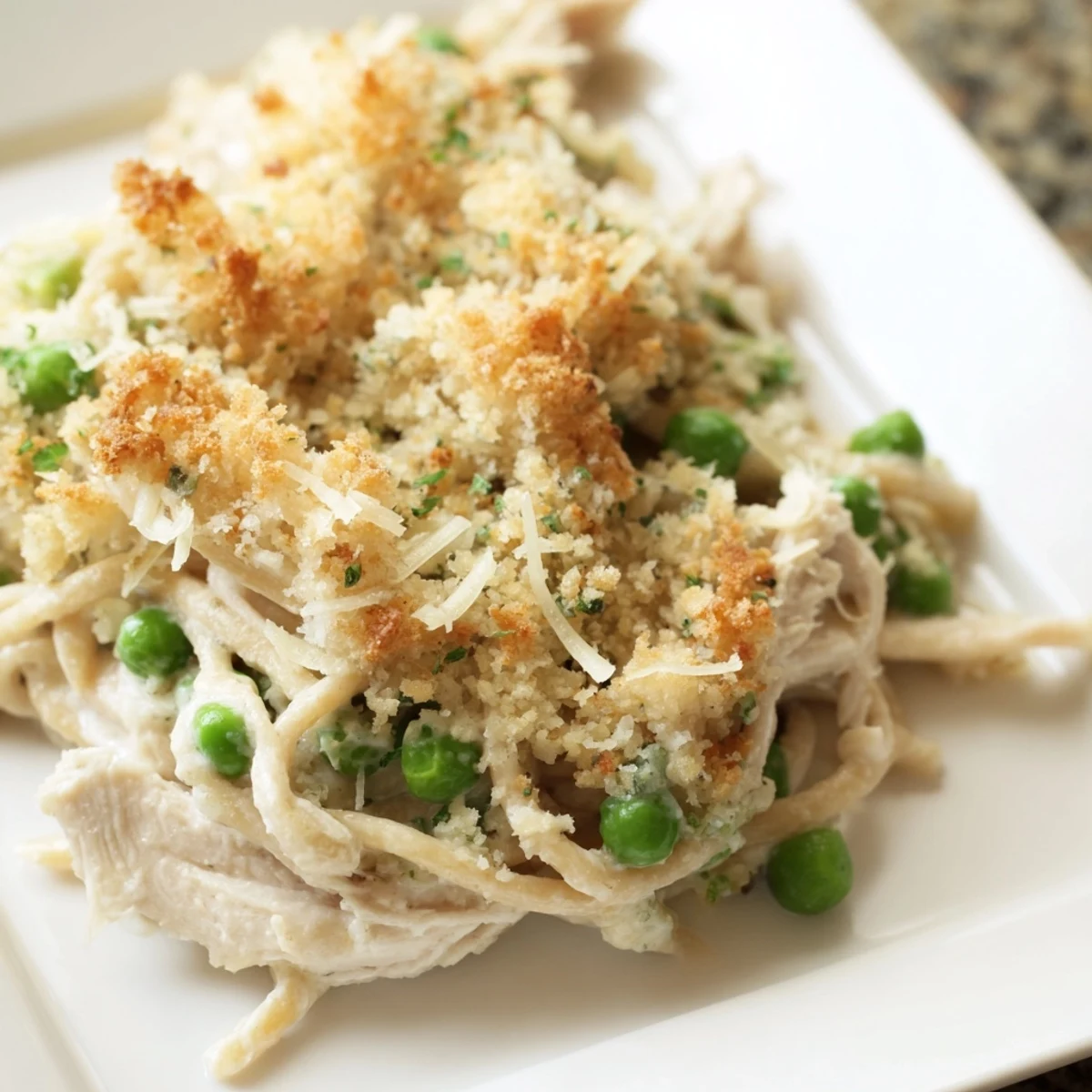 Tender turkey Tetrazzini bake with a golden, bubbly panko-parmesan topping, ready to serve.