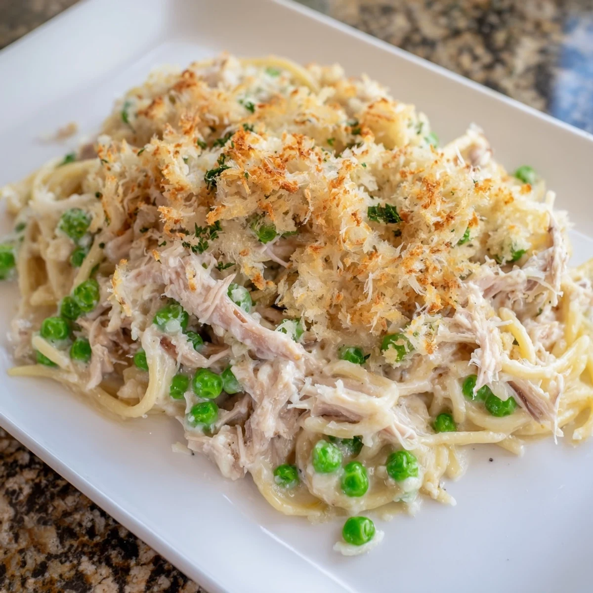 Golden-brown Turkey/Chicken Tetrazzini, a pasta bake full of chicken, peas, and a rich, creamy sauce.