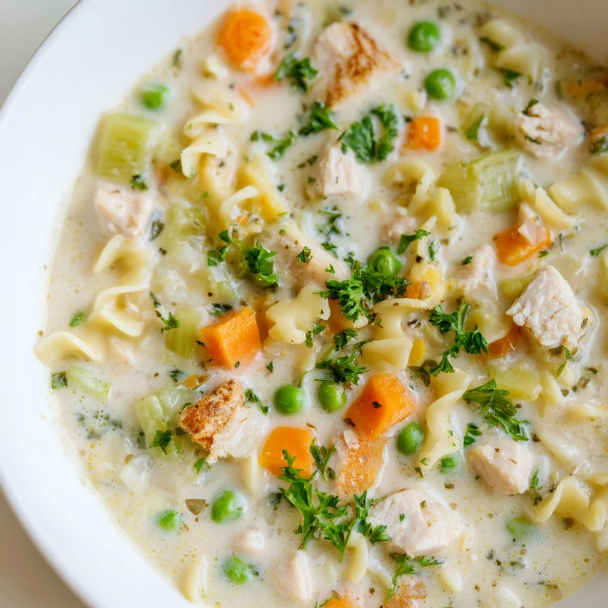 Here are the 3 ALT texts for the Chicken Pot Pie Pasta Soup: