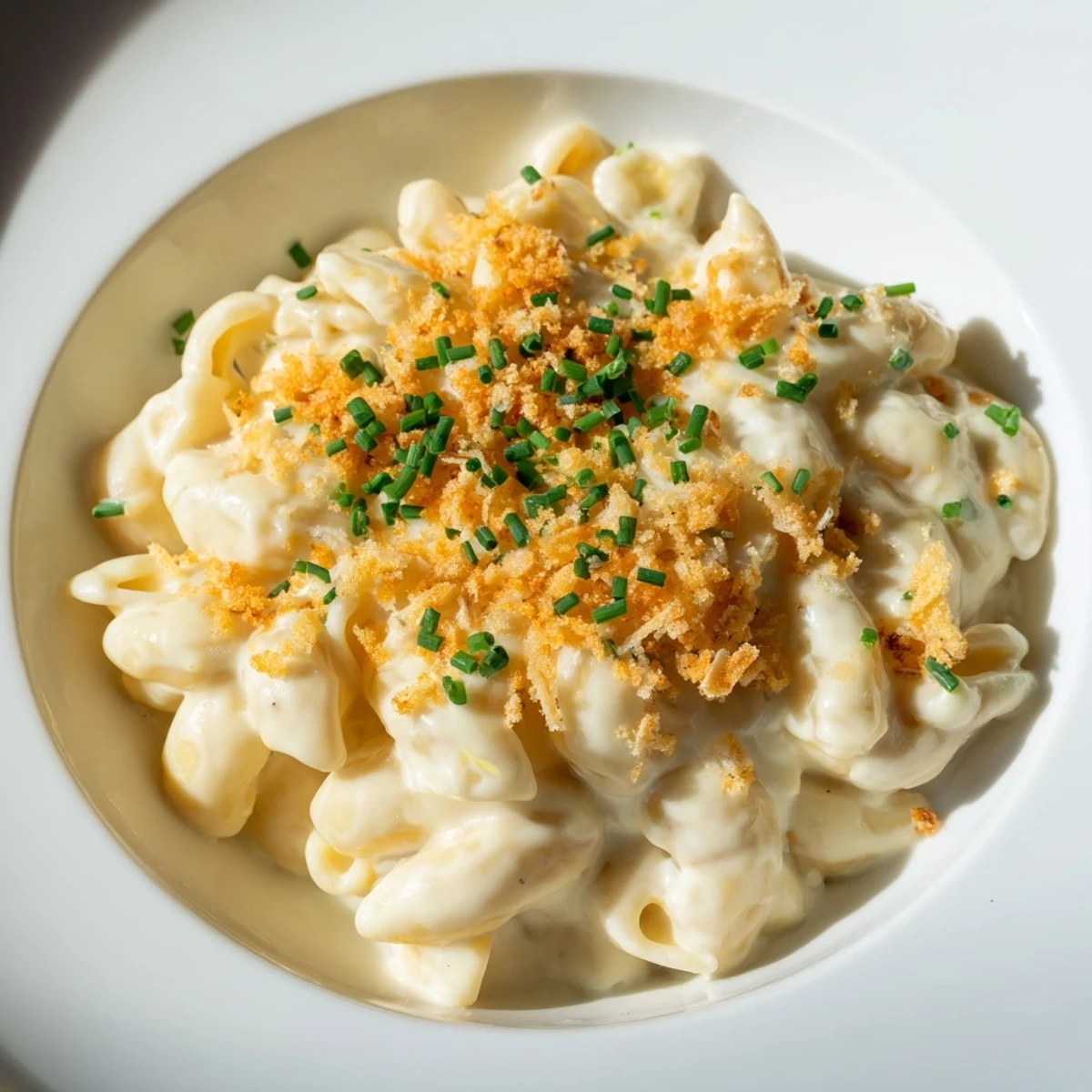 Homemade cottage cheese mac and cheese with a sprinkle of fresh herbs, promising a comforting meal.