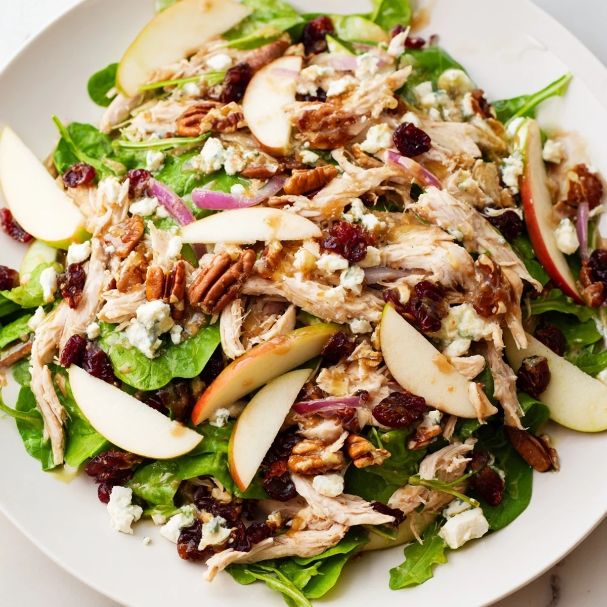 A hearty Chicken and Apple Winter Salad with bright apple slices and crumbled feta.