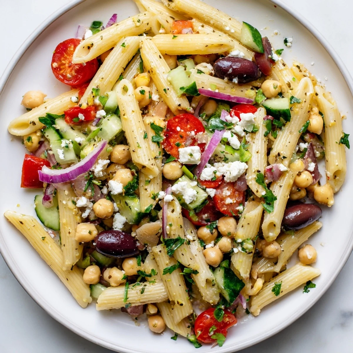 A vibrant bowl of Mediterranean pasta salad with chickpeas, bursting with fresh vegetable colors.