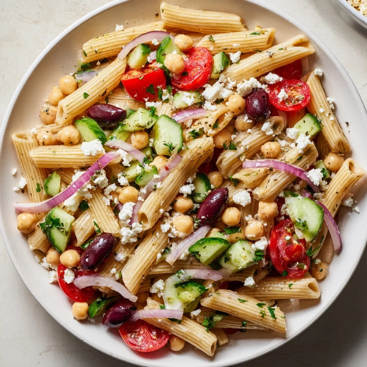 This colorful Mediterranean pasta salad with chickpeas is tossed with a bright lemon-herb dressing.
