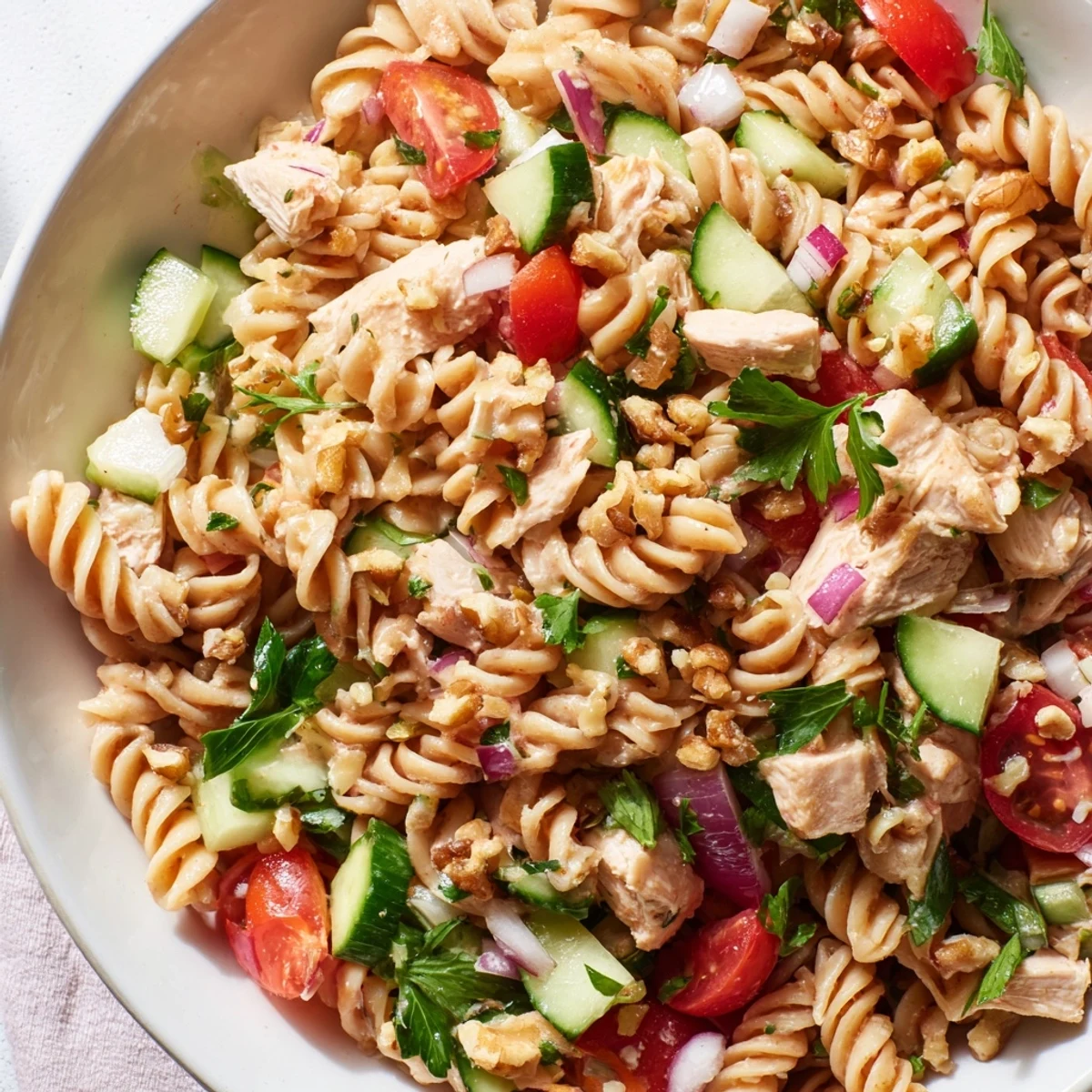 Zesty pasta salad with cranberry vinaigrette, offering a colorful mix of ingredients and a bright dressing.