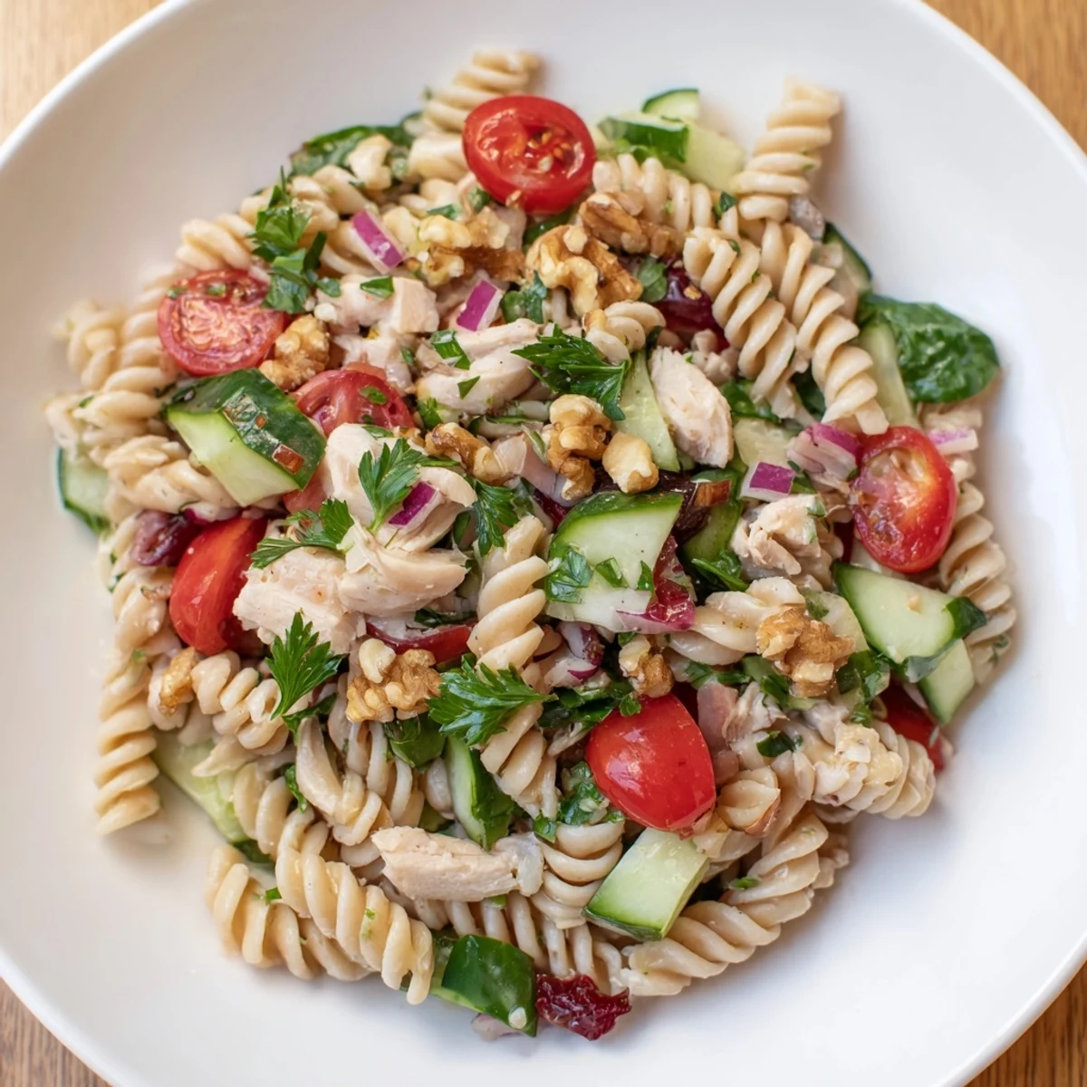 Pasta Salad with Cranberry Vinaigrette showcases rotini, chicken, and fresh vegetables coated in a vibrant cranberry dressing.