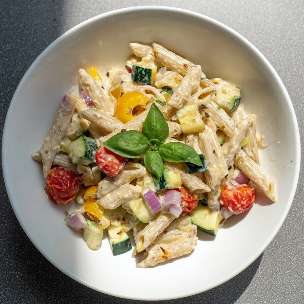 Golden baked feta pasta with roasted vegetables, ready to serve with fresh basil.