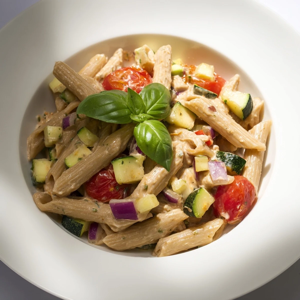 Creamy baked feta pasta with vibrant roasted tomatoes and zucchini; a simple vegetarian dinner.