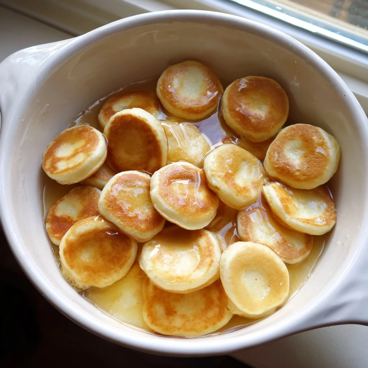 Adorable bowl of fluffy pancake cereal, golden brown and ready to eat with maple syrup.