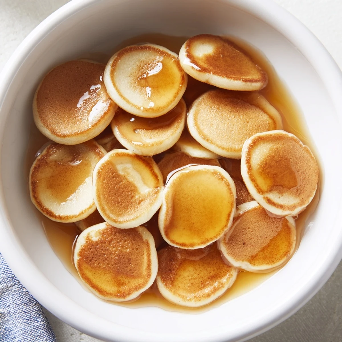 Mini pancake cereal, stacked in a bowl and drizzled with golden syrup, perfect breakfast.