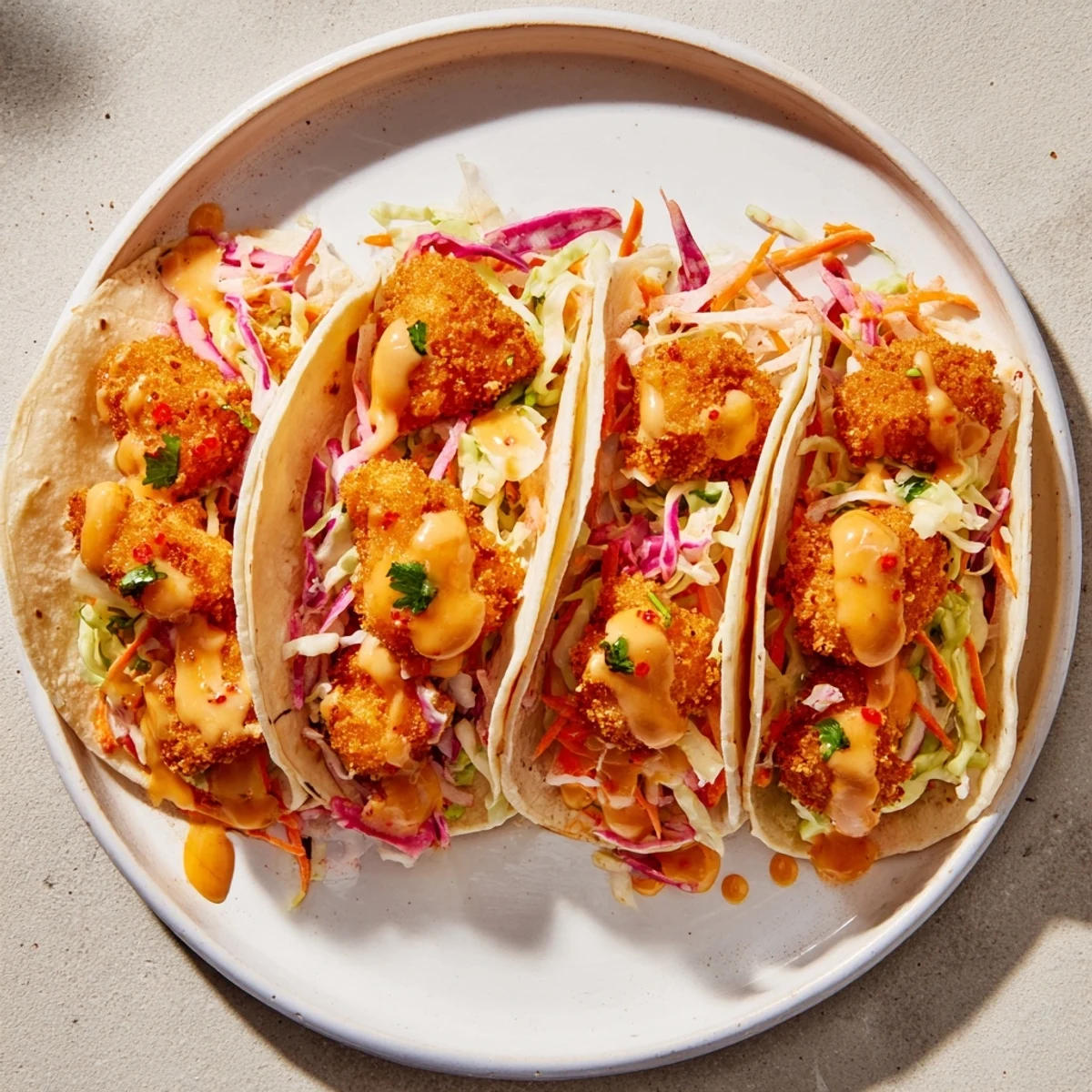 Hot Honey Chicken Tacos: Crispy fried chicken, hot honey drizzle, fresh slaw, offering a sweet & spicy flavor.