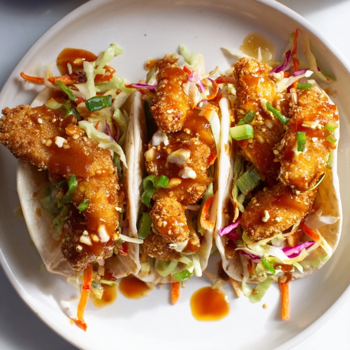 Golden-brown Hot Honey Chicken Tacos, with a spicy honey glaze, ready for a delicious meal or dinner.
