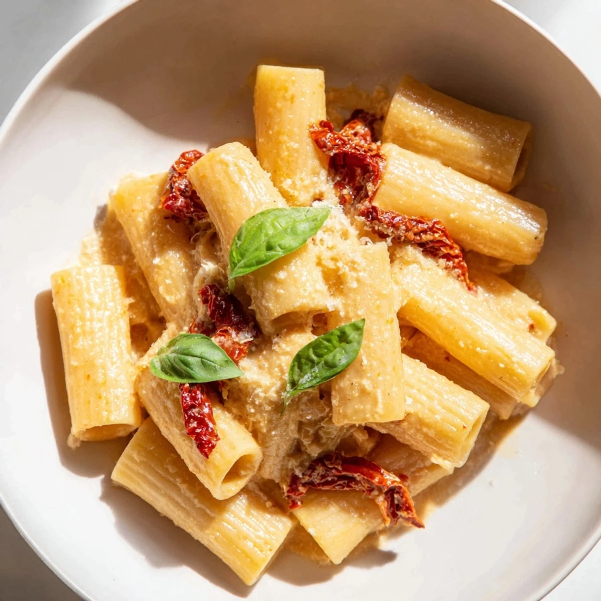 A heaping plate of creamy sun-dried tomato pasta, glistening with sauce and fresh basil, ready to eat.