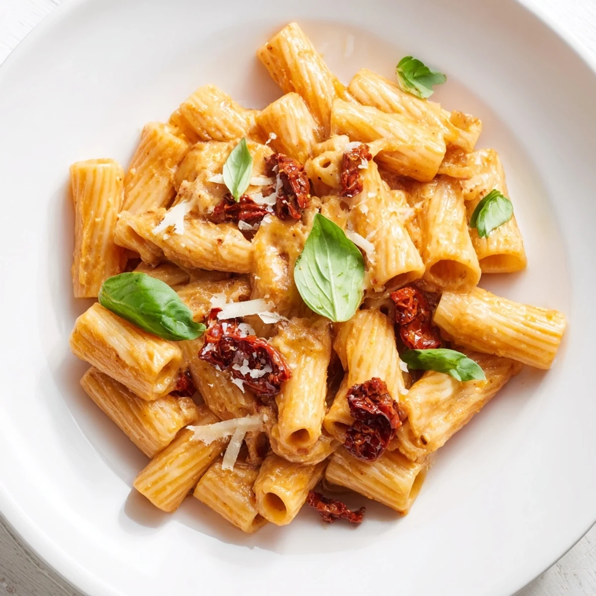 Warm, appetizing bowl of sun-dried tomato pasta, a simple Italian-American meal, family-friendly and delicious.