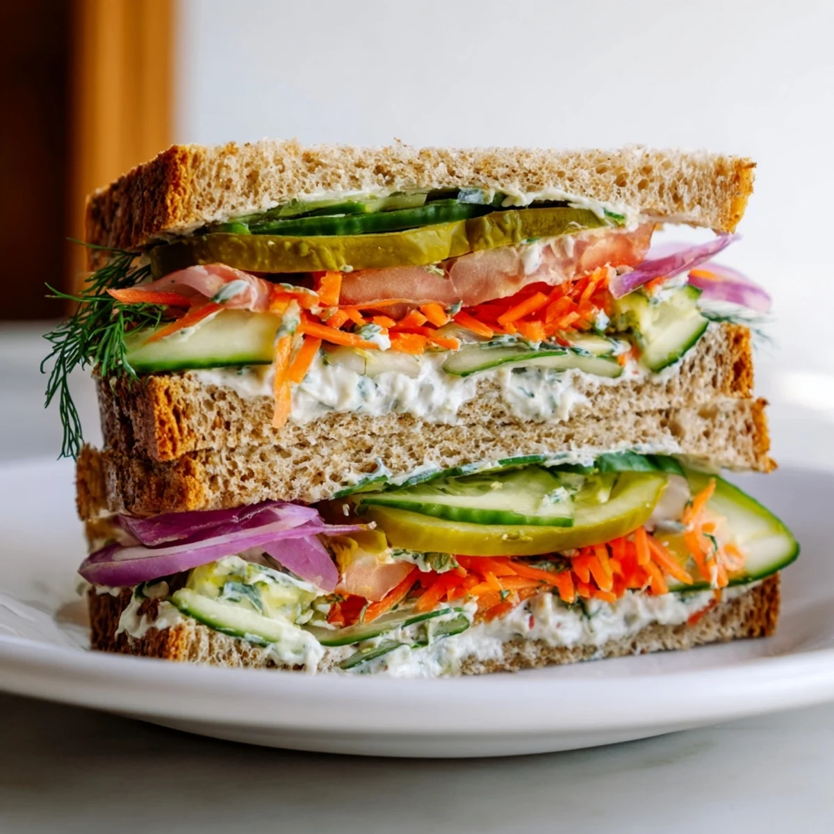 Crunchy Dill Pickle Sandwich overflowing with pickles, fresh veggies, and creamy spread on toasted bread.