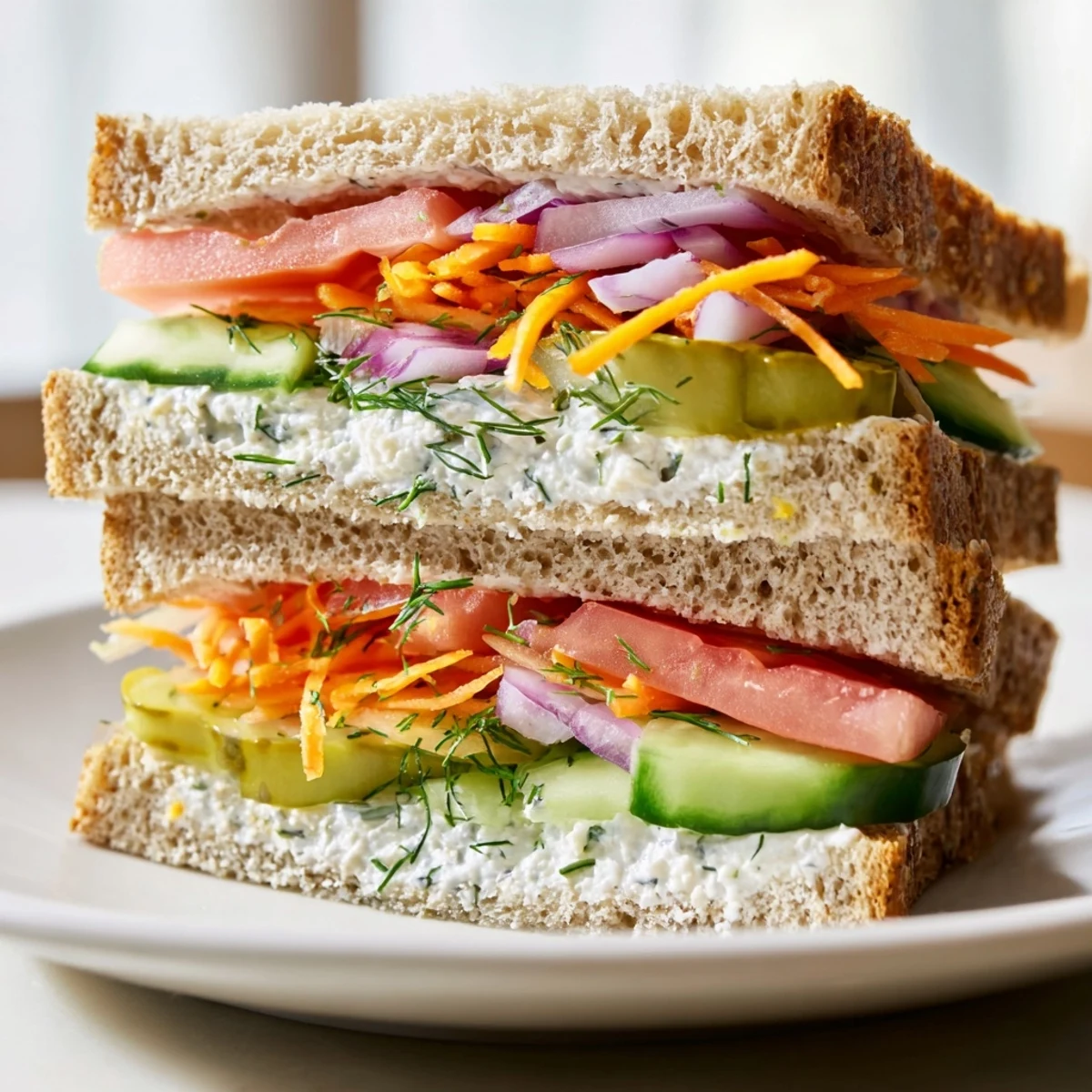 Ready to eat: A hearty Crunchy Dill Pickle Sandwich, perfect for a quick, flavorful vegetarian lunch.