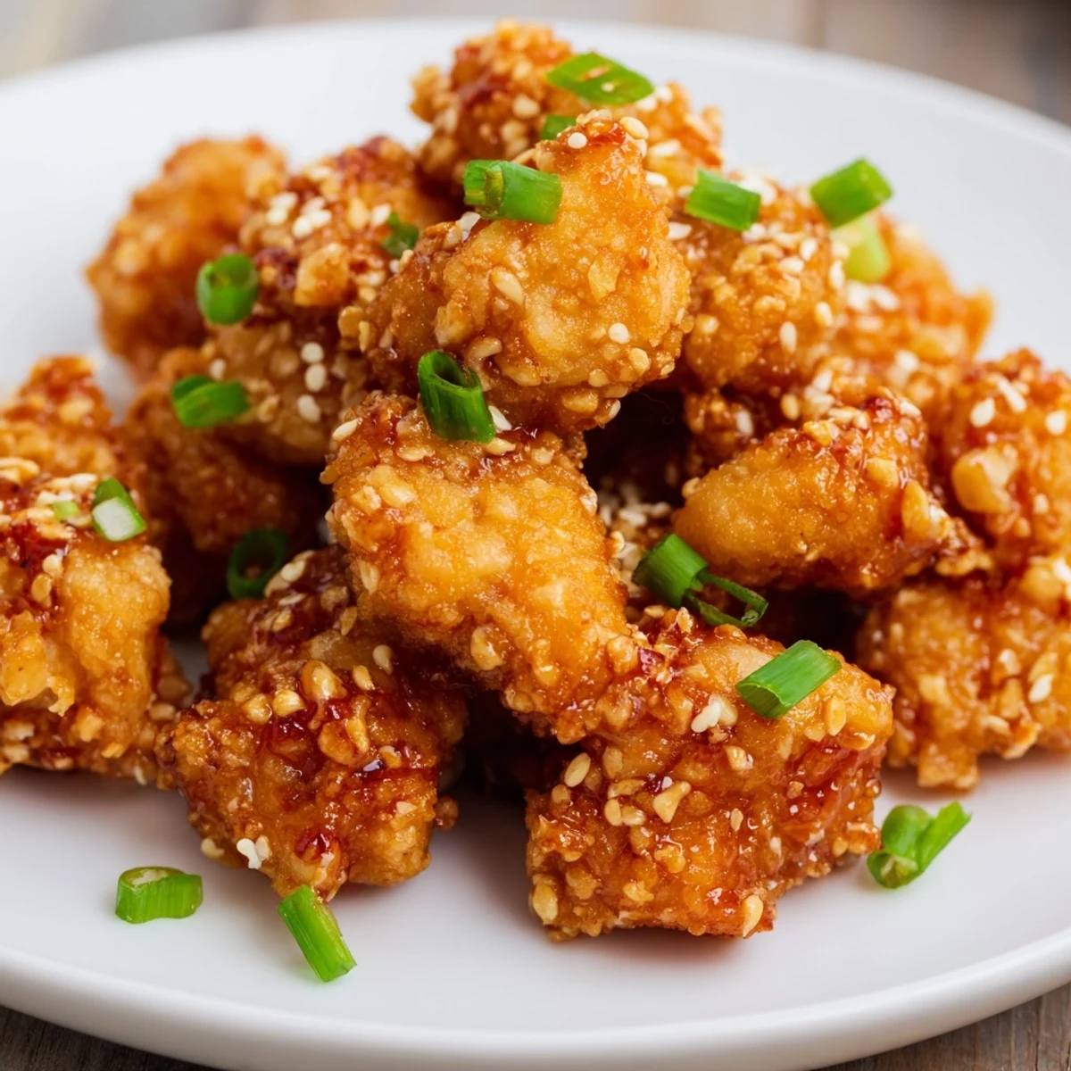 Crispy Honey-Sriracha Chicken Bites glistening from a spicy, sweet sauce, garnished with fresh chives.
