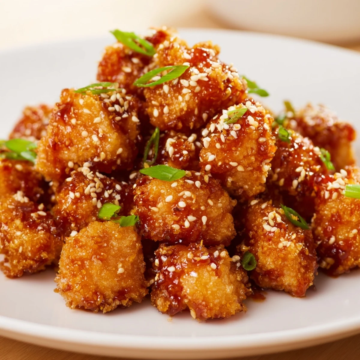 Sticky, flavorful Honey-Sriracha Chicken Bites, tossed in a vibrant sauce and ready for serving.
