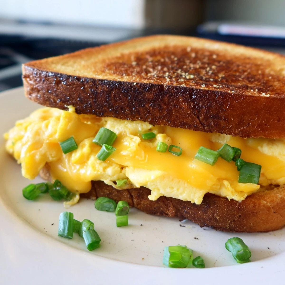 Golden-brown One-Pan Egg Breakfast Sandwich with melted cheese, ready for a quick and easy breakfast.