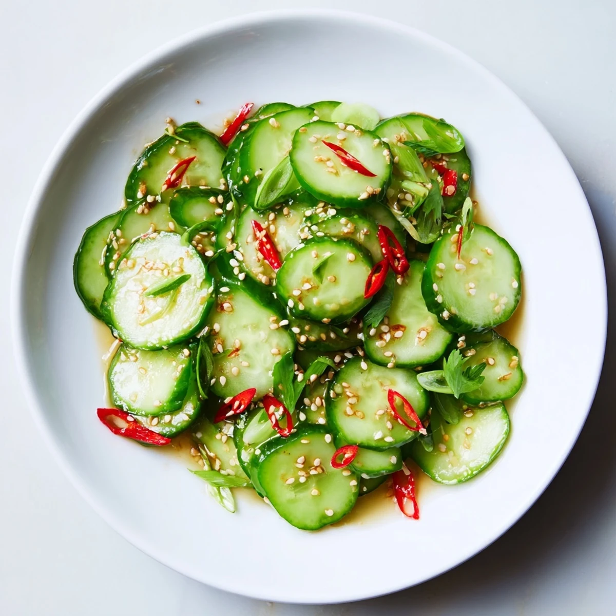 Knackiger Shaken Asian-Style Cucumber Salad mit leuchtenden Farben und frischen Kräutern, perfekt als Beilage.