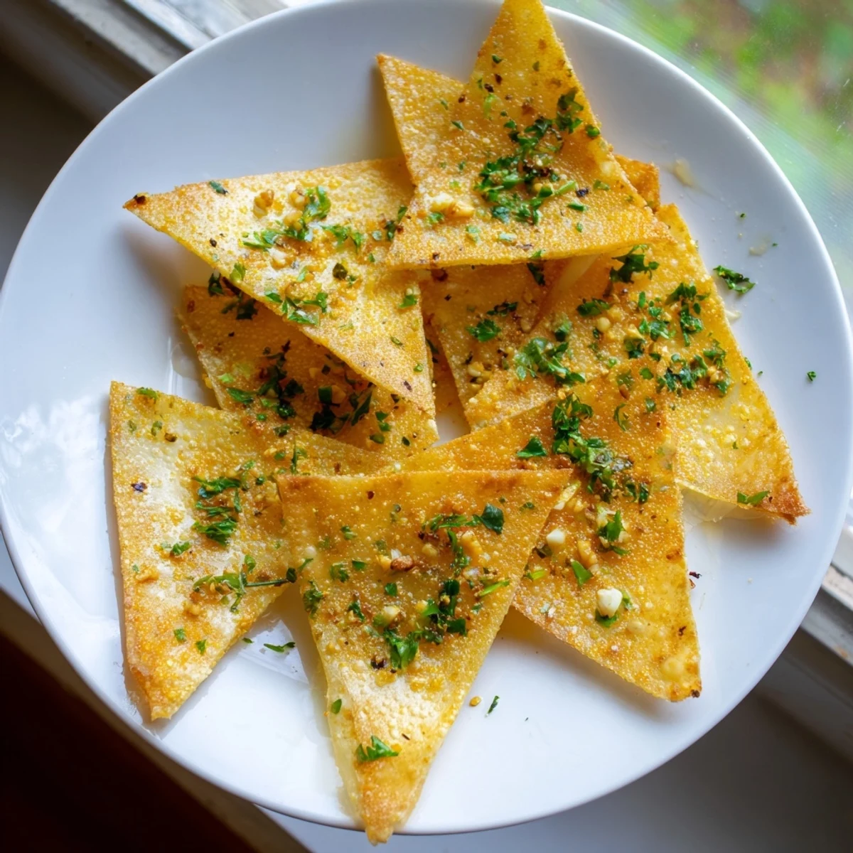 Crispy golden garlic lumpia chips ready to eat, perfect snack with irresistible crunch.