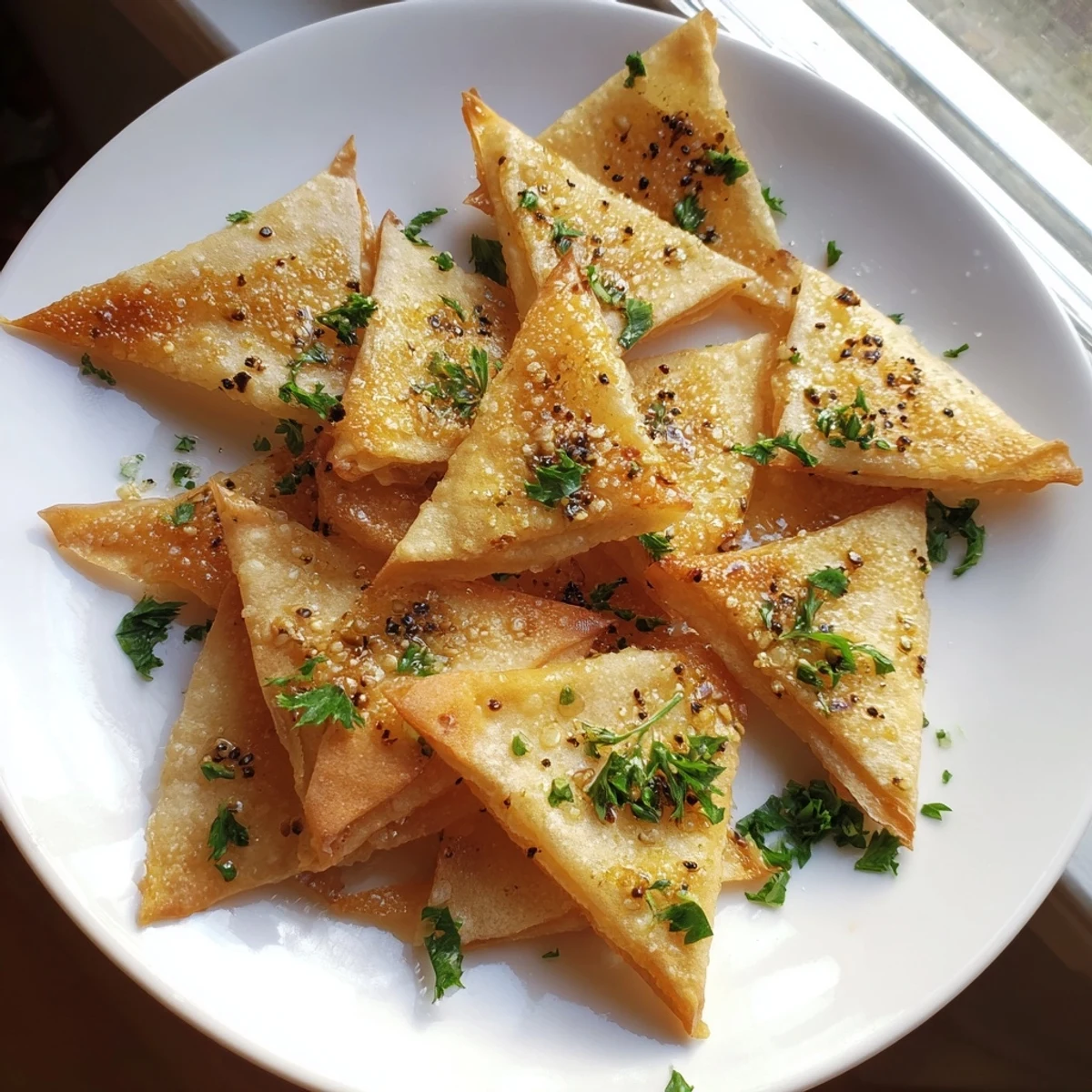 Close-up of freshly made crispy garlic lumpia chips, perfectly seasoned and ready for dipping.