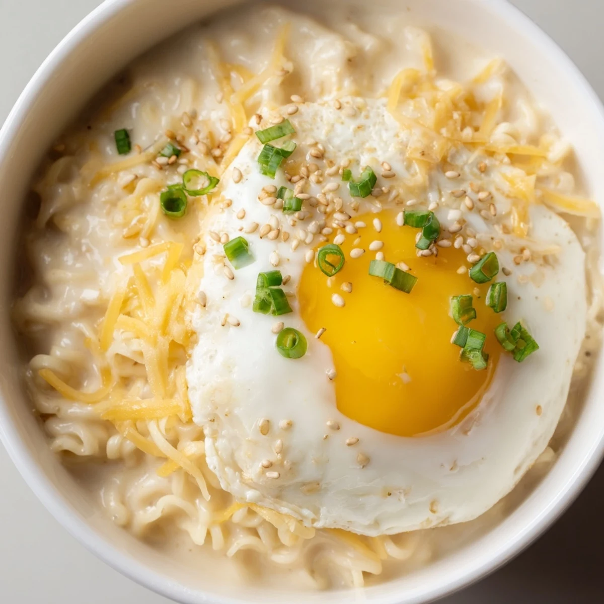 A steaming Instant Cheese Ramen Bowl, with a perfectly poached egg and vibrant green onions.