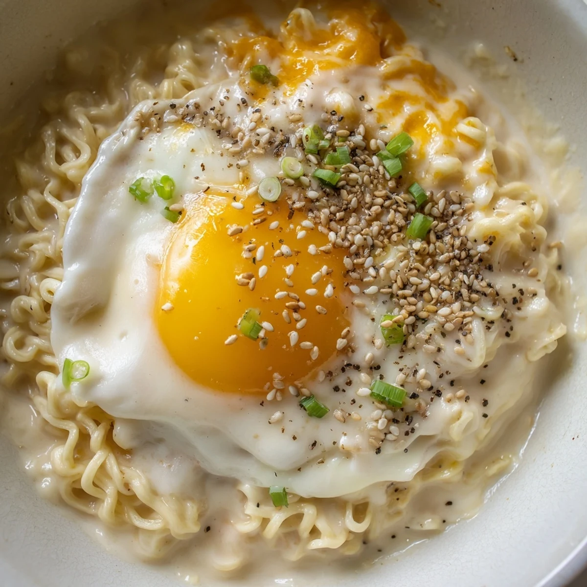 Creamy, cheesy Instant Cheese Ramen Bowl, garnished with sesame seeds; a comforting single-serving delight.