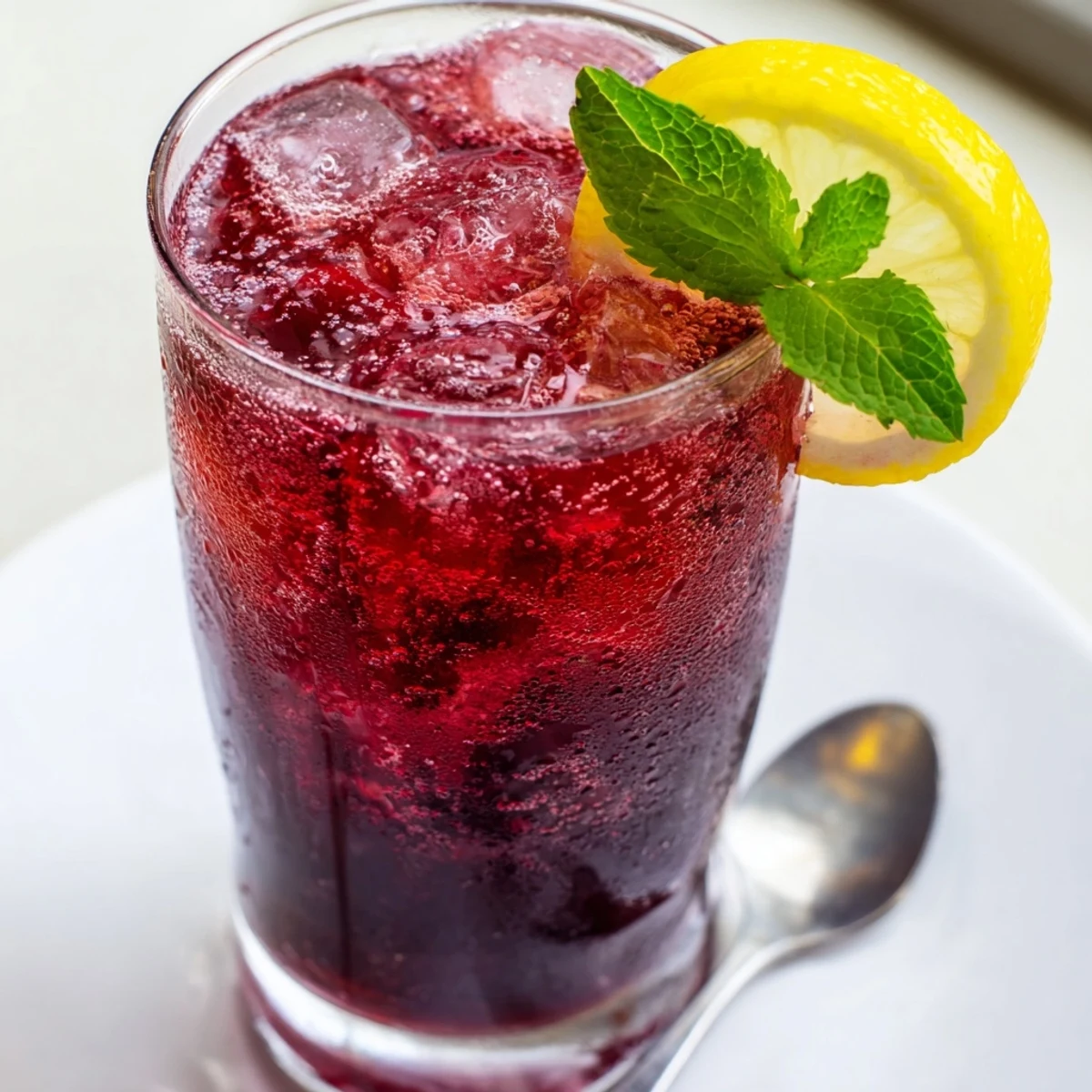 A chilled Sleepy Girl Cherry Mocktail, garnished with mint and lemon, ready to enjoy.