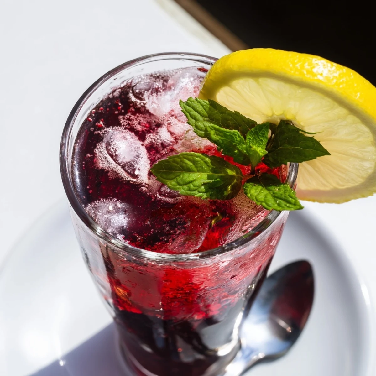 A tall glass showing a vivid red Sleepy Girl Cherry Mocktail with sparkling water and ice.
