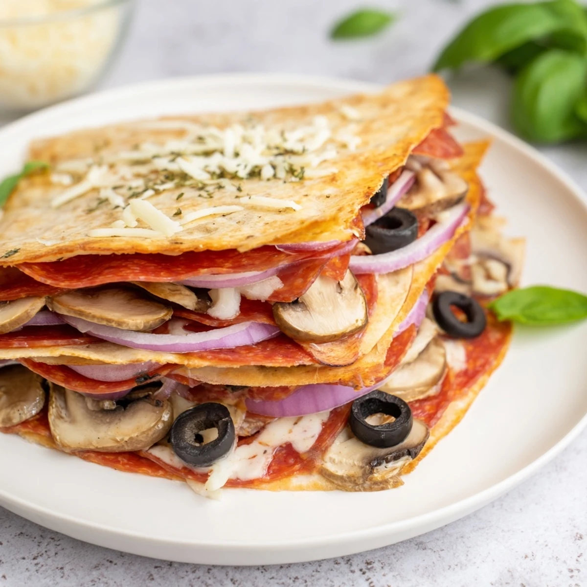 Melted cheese spills from this golden Cheesy Tortilla Pizza Wrap, ready for a delicious bite.