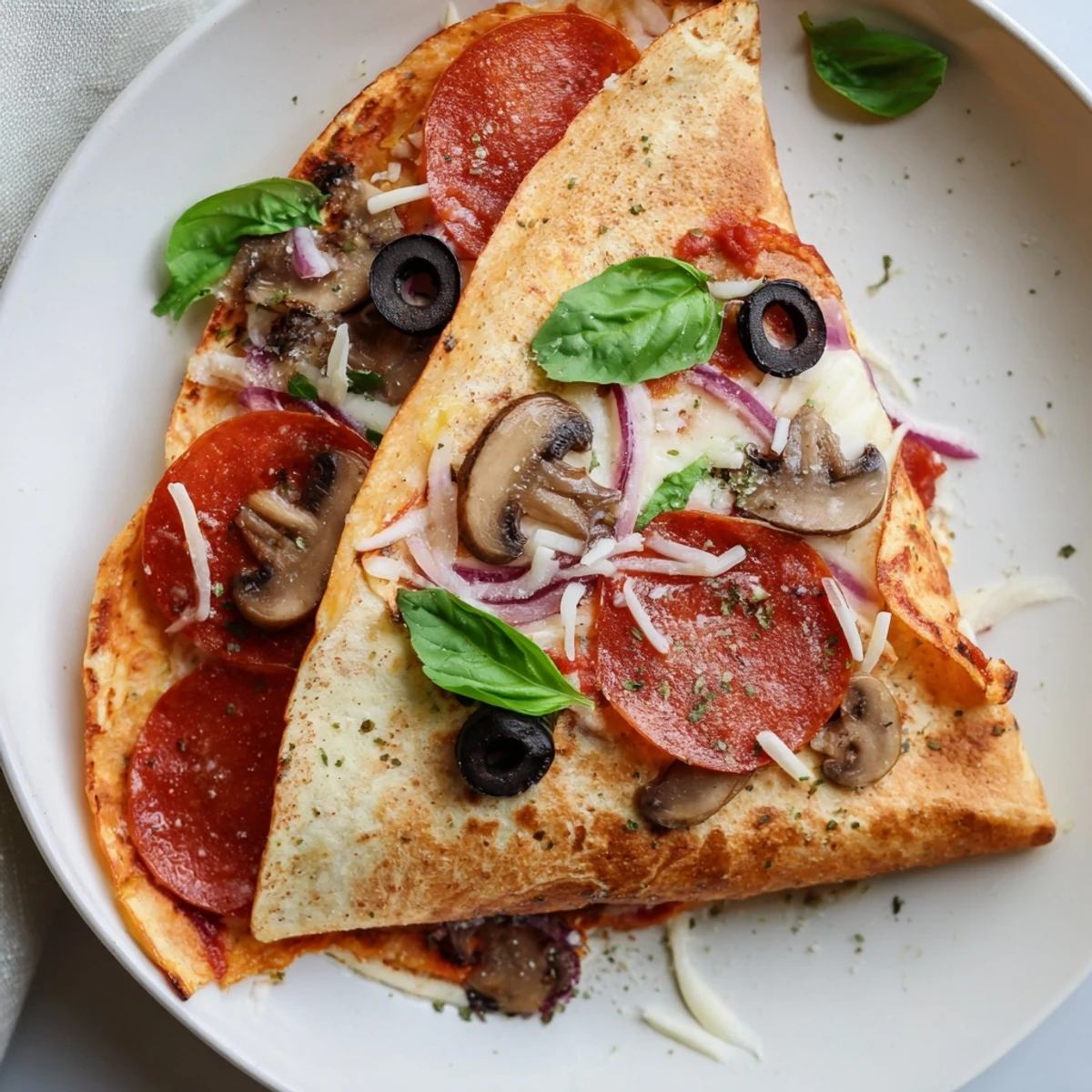 A warm Cheesy Tortilla Pizza Wrap with pepperoni and olives, perfect for a quick lunch.