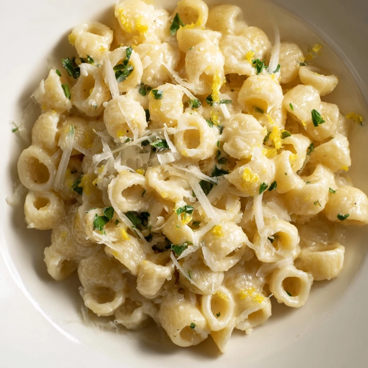 This close-up photo shows fresh ditalini pasta coated in a rich, creamy garlic butter sauce.